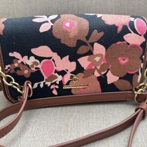 Spartina 449 Black & Pink Crossbody Bag Natural Linen Genuine Leather